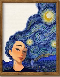 a painting of a woman's face in front of a starry night