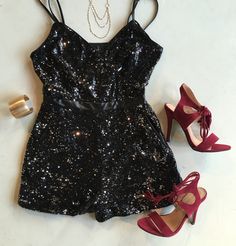 Sequin romper #swoonboutique Las Vegas Club Outfits, Taylor Swift Sequin Romper, Holographic Romper, Vegas Club Outfits, Black Glitter Shorts Romper, Sparkle Romper, Glitter Romper, Club Outfits For Women, Tumblr Outfits