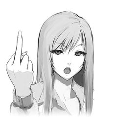 an anime character with long hair pointing to the side and holding her finger up in front of