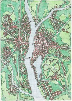 a drawing of a city map in green and red