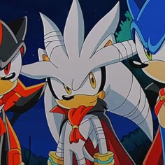 three cartoon characters standing next to each other