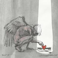 a drawing of an angel cutting into a cake with a heart on the plate next to it