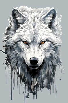 a wolf's face with orange eyes and dripping paint