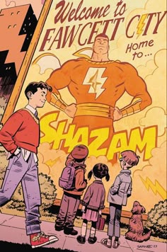 a man standing in front of a sign with children looking at him and the caption welcome to fan city home