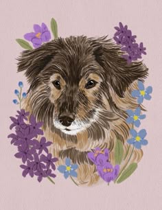 a drawing of a dog surrounded by flowers