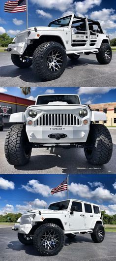four different views of the front and side of a white jeep with american flag on it