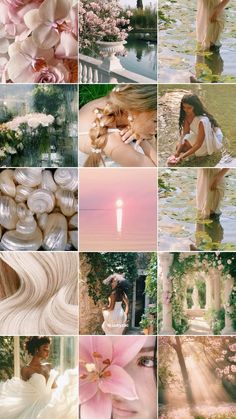 a collage of photos with flowers and hair