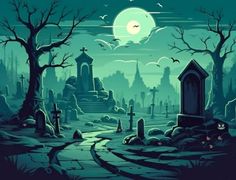 a cemetery with tombstones and trees in the background at night time, illustration painting