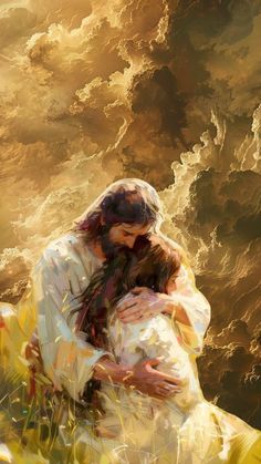 a painting of two people embracing each other