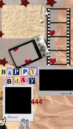 a collage of photos with the words happy bday written on them and an electric guitar