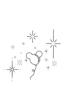 a black and white drawing of a mickey mouse holding a balloon with stars in the background