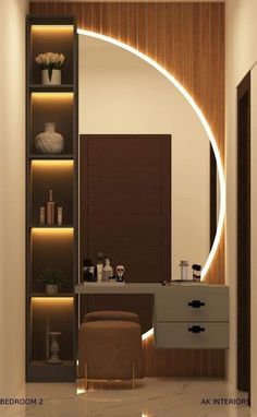 the interior of a modern bathroom is lit up with lights and shelving units, along with an oval mirror