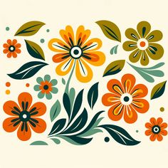 an orange and green flower arrangement on a white background with dots in the center, surrounded by leaves