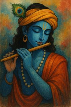 a painting of a woman playing flute with a peacock feather on her head and eyes closed