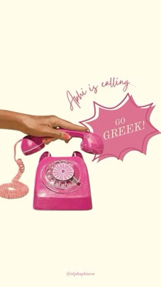 a pink phone is being held up to someone's hand with the words, this is calling go greek