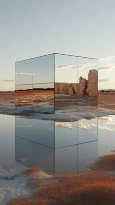 a mirrored cube sitting in the middle of a desert area with rocks and water around it
