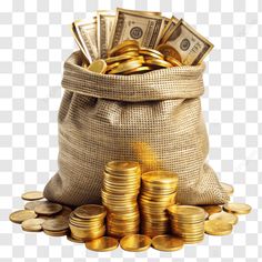 a bag full of money and some gold coins on the ground, hd png