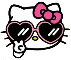 a hello kitty with heart shaped sunglasses and a bow on it's head is shown