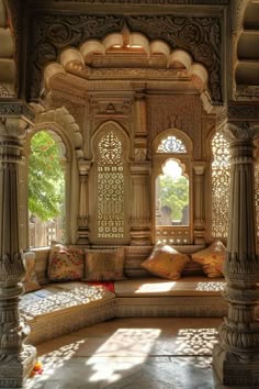 an ornate sitting area in the middle of a building