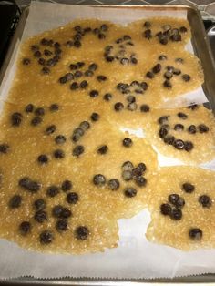 an uncooked pan filled with raisins and chocolate chips on top of parchment paper