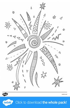 a coloring page with fireworks and stars in the sky, which reads click to download the whole pack