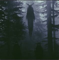 an image of a person in the woods with deer heads hanging from their back legs