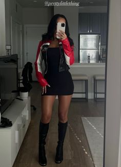 Race Date Outfit, Metro Boomin Concert Outfit Ideas, Outfit With Racer Jacket, Future Metro Boomin Concert Outfit, Metro Boomin Concert Outfit, Motorsport Outfit Ideas, Red Racer Jacket Outfit, Night Club Outfits Clubwear, Racer Jacket Mini Skirt Outfit