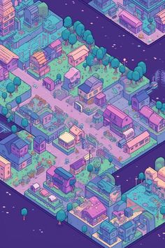 an aerial view of a city with buildings, trees and other things in the background