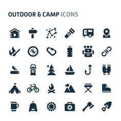 the outdoor and camping icons are shown in this set, including tent, fire hydrant