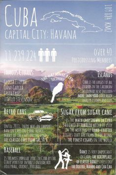 the poster for cuba capital city havana, which features images of people and mountains in the background