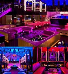 the interior of a nightclub with red and blue lighting, booths, tables and couches
