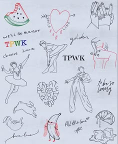 the drawing shows different types of people in various outfits and colors, with words written on them