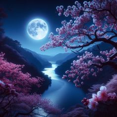 Tranquil river flowing between moonlit mountains and blossoming flowers