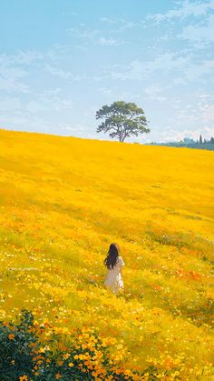 a painting of a woman walking through a field with flowers in the foreground and a tree in the background