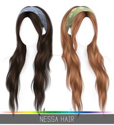 two wigs with long hair are shown in three different colors and styles, one is brown