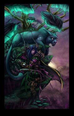 an illustration of a demon with green eyes and purple hair, holding a large black cat