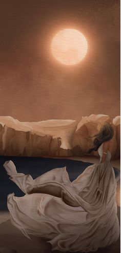 a painting of a woman in a flowing white dress looking at the moon over water