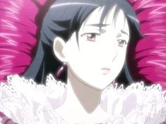 an anime character with long black hair wearing a white dress and large pink feathered shawl