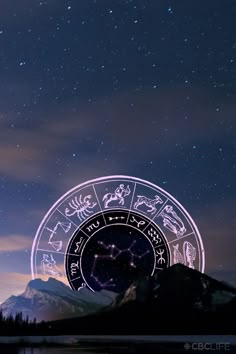 collage of a cloudy and starry sunset sky over mountains in Banff. a purple illustrated wheel of zodiac signs sits behind the mountains. inside the wheel sits a starry sky with a constellation of the zodiac sign, Sagittarius.