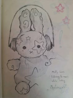 a drawing of a teddy bear with headphones on