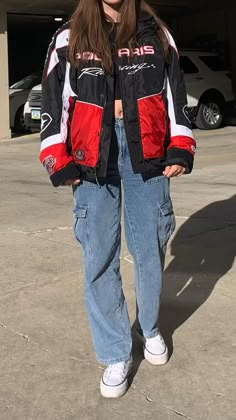 Outfit ideas, outfits, outfits aesthetic, outfit inspiration, race car jacket, race car jacket outfit aesthetic, Car Racing Outfit, Car Girl Outfit, Race Car Outfit Aesthetic, Car Race Outfit, Car Racer Jacket, Car Racer Outfit, Car Racing Outfit For Women, Race Car Jackets Outfits, Racecar Jacket Outfits