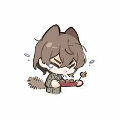 an anime character holding a box with a cat on it