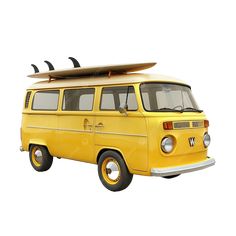 an old yellow van with a surfboard on top