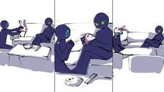 three different images of people sitting on couches