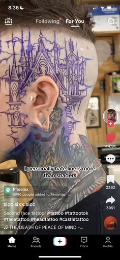 a person with tattoos on their face and behind them is an image of a castle