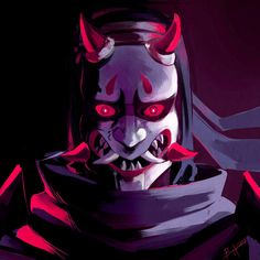 a demonic demon with red eyes and horns on his head, standing in front of a dark background