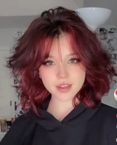 Short Red Dyed Hair, Red Hair Wolf Cut, Red Wolf Cut Short, Short Red Hair With Curtain Bangs, Red Wolfcut Hair, Red Wolfcut Short, Dark Red Hair Grunge, Short Dyed Red Hair Aesthetic, Red Short Fluffy Hair