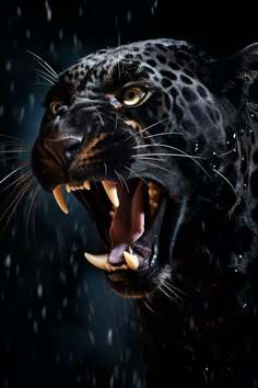 a black leopard with its mouth open in the rain