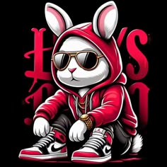 a rabbit wearing sunglasses and a hoodie sitting on the ground with his legs crossed