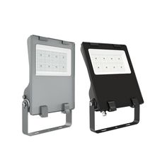 two different types of flood lights are shown in this image, one is white and the other is black